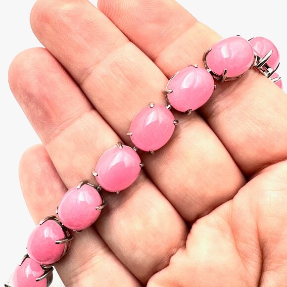 Sterling Silver Pink Jade Gemstone Tennis Bracelet 34 Grams 8 Inch - Picture 3 of 3
